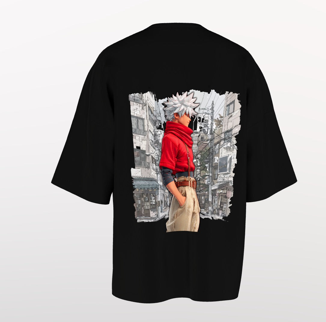 Urban Anime Oversized T-Shirt – Eiffel Graphic Front & Cityscape Character Back