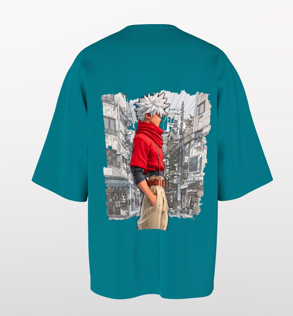 Urban Anime Oversized T-Shirt – Eiffel Graphic Front & Cityscape Character Back